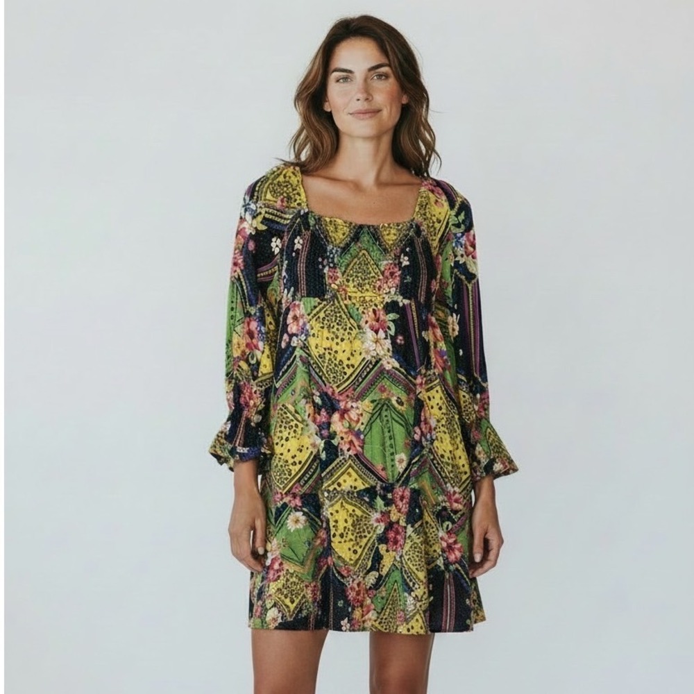 Angie Womens Floral Leopard Patchwork Smocked Mini Dress Green‎ Yellow L Hippie